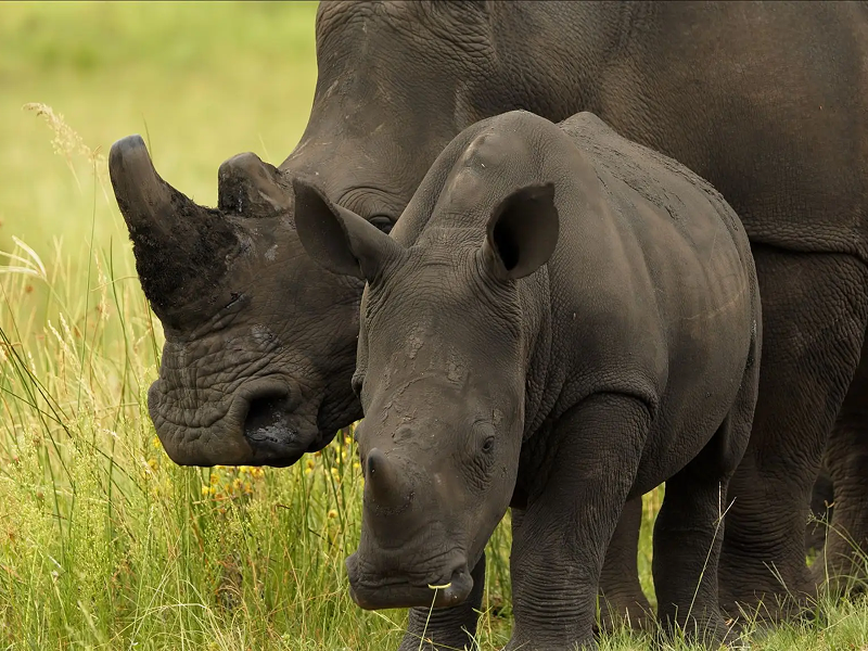 A mother rhinoceros and her calf stand close together in grassy terrain.